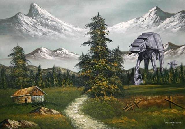 Personagens de Guerra nas Estrelas (Star Wars) em pinturas de "bazar de caridade"