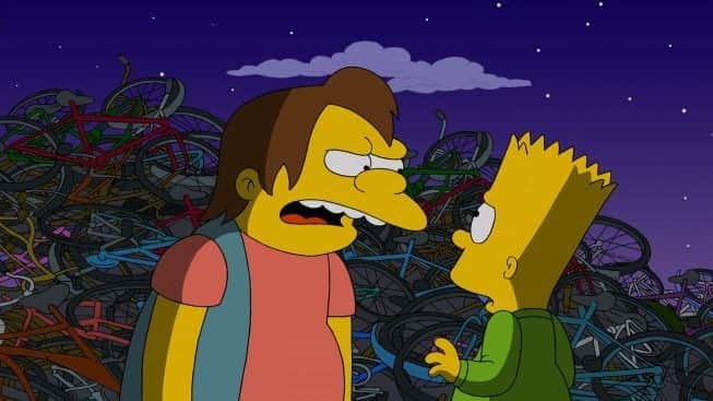 Bart Simpson e Nelson Muntz em episódio que homenageia os Selvagens da Noite (The Warriors)