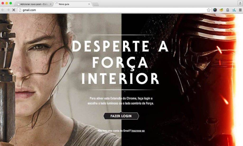 Janela do Navegador Chrome customizada com imagens dos protagonistas de Guerra Nas Estrelas - O Despertar da Força