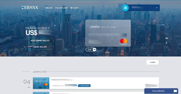 lista de operações Dollar Card Ebanx abaixo de imagem de cartão de crédito sobre fundo mostrando uma cidade iluminada