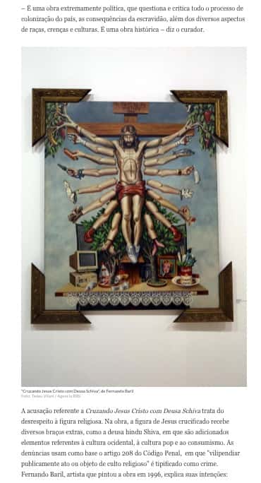 Jesus crucificado com vários braços extras de diferentes etnias e vários objetos ao redor
