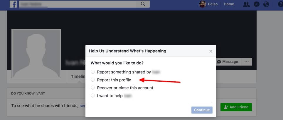 tela do Facebook com conta falsa / fake account e opção denunciar este perfil