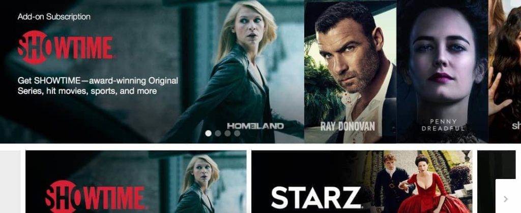 Cartazes de séries na página principal do site Amazon Prime